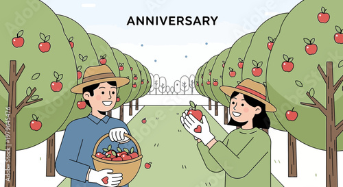 Couple Harvesting Apples in Orchard, Anniversary Celebration