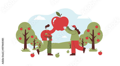 Couple Harvesting Giant Apple in Orchard - Autumn Harvest, Healthy Food, Organic Farming