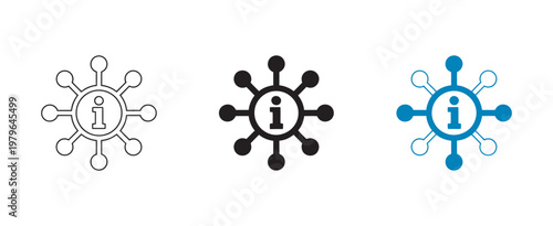 Information icon set, data retrieval document search symbol info i sign, user interface file lookup analysis content review vector design