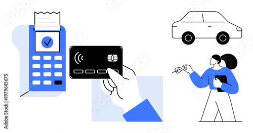 Payment systems, digital transactions, vehicle rental, contactless technology, electronic shopping, transportation. Hand holding a credit card near terminal, car and customers. Payment systems