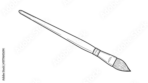Artistic paintbrush with a long wooden handle and pointed bristles depicted in a clean black and white line drawing style for design projects.