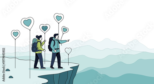 Couple hiking on cliff edge with heart balloons, looking at mountains, love adventure concept