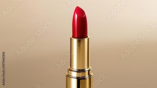 Elegant red lipstick in a gold case on a neutral background. A bright accent for cosmetic advertising and fashion catalogs. An ideal choice for the beauty industry.