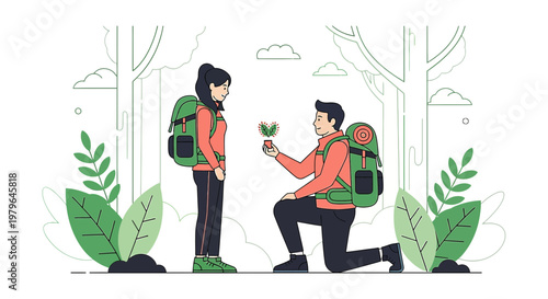 Couple Hiking Proposal with Heart Plant in Forest
