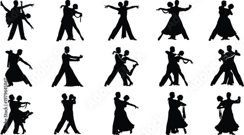 Vector silhouettes of ballroom dancing couples performing elegant poses including tango salsa and waltz for dance studio branding competition posters and romantic event designs