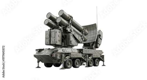 Advanced mobile surface to air missile system featuring heavy duty armored vehicle with radar antennas and multiple cylindrical launchers isolated on a transparent background