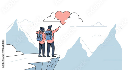 Couple hiking to heart cloud on mountain top, relationship journey