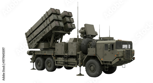 Modern military heavy tactical vehicle equipped with a powerful multi barrel missile launcher system designed for advanced surface to air defense missions on a transparent background