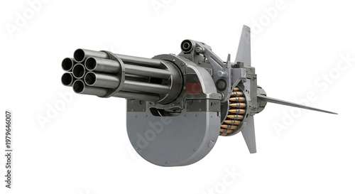 Heavily armored rotary machine gun designed for modern combat aircraft features multiple rotating barrels and a large belt of ammunition isolated on a transparent background