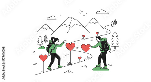 Couple hiking with hearts on mountain path, romance and adventure