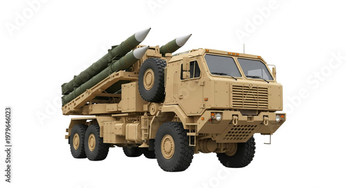 Heavy military truck painted in tan desert camouflage color mounted with long range tactical guided missiles ready for rapid deployment in a combat defense mission