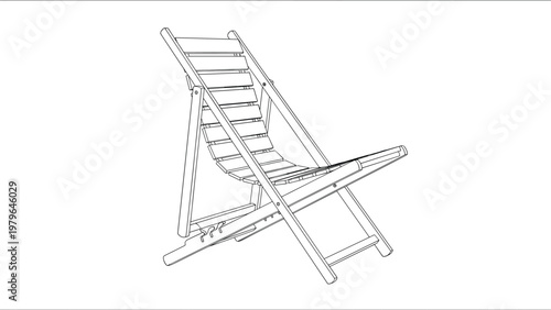 Classic wooden folding deck chair often used at the beach or in gardens depicted in a clean and simple black and white line drawing style.