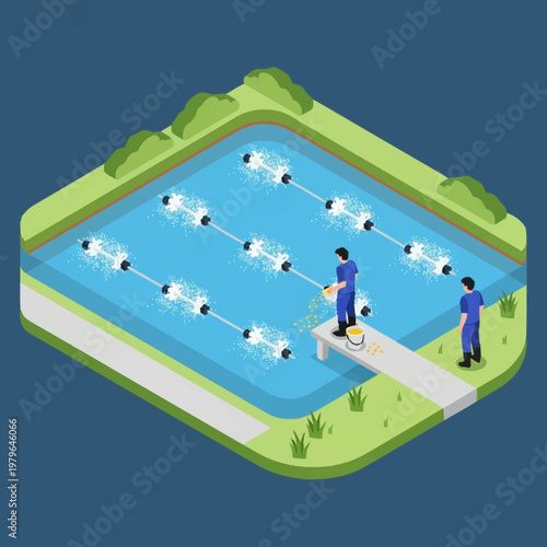 Isometric illustration of people swimming laps in a pool.