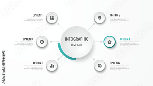 Circular mind map infographic template with central hub and 6 options for business strategy
