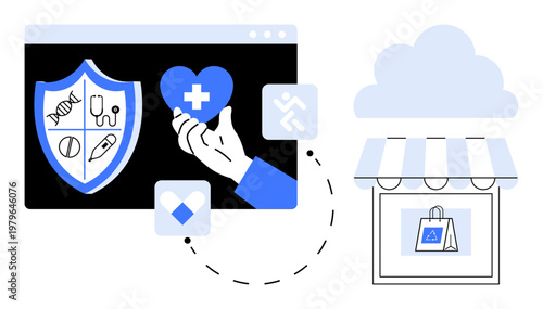 Digital healthcare, e-commerce, online protection, virtual services, health innovation, data security. A shield with health symbols, a hand holding a heart and an online store icon. Digital