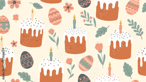 Traditional easter celebration pattern featuring frosted kulich cakes with candles decorated eggs and delicate spring flowers and leaves.