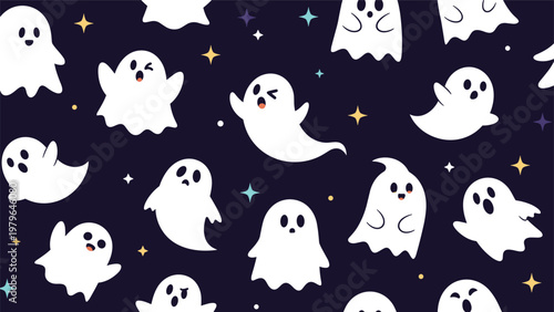 Playful halloween pattern with various cute white ghosts in different poses flying among bright colorful stars on a dark navy background.