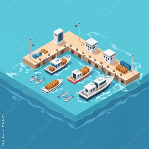 Isometric illustration of a harbor with boats and cargo ships docked.