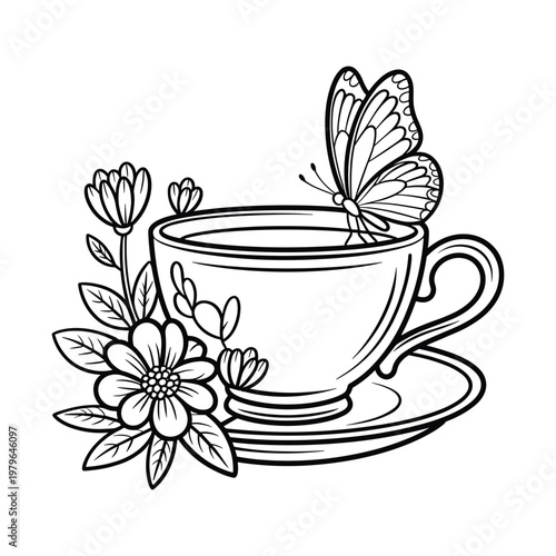 Detailed line art illustration of a teacup with a butterfly and flowers perfect for coloring pages and decorative designs