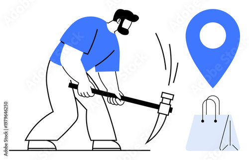 Navigation systems, e-commerce, delivery, location services, shopping, urban development. Cartoon man with a pickaxe near a map pin and shopping bag icon. Navigation systems and e-commerce concept