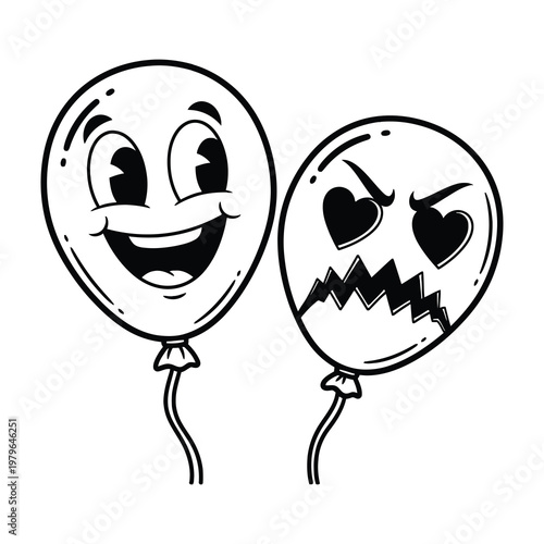 Balloons with happy and angry faces smiling and frowning