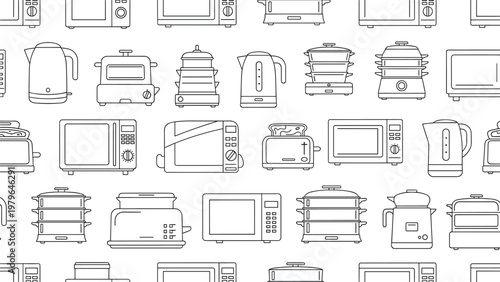 Seamless background pattern of various household kitchen appliances like microwaves toasters kettles and steamers in a simple line style.
