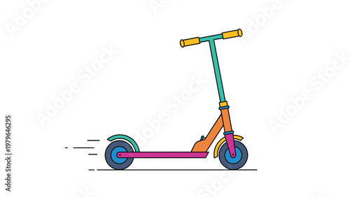 Bright and colorful kick scooter for kids with pink blue orange and yellow parts depicted in a clean flat vector illustration style.