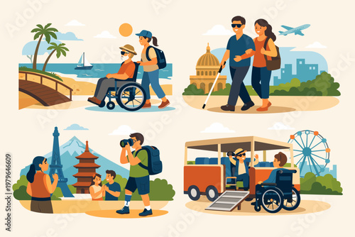Inclusive barrier-free tourism and accessible travel vector illustrations set featuring people with disabilities enjoying vacations, sightseeing with wheelchairs, guide canes, and prosthetic legs.