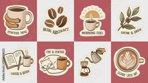 Cozy Coffee Sticker Set with Cute Cats, Latte Art, and Morning Brew Elements.