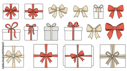 Comprehensive set of various wrapped gift boxes and decorative ribbons and bows in shades of red and beige for holiday or birthday themes.