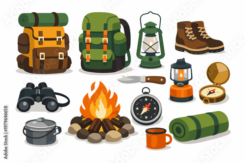 Vector Illustration of Camping Gear Collection Featuring Backpacks, Hiking Boots, Lanterns, a Campfire, Binoculars, Compasses, a Pocket Knife, and a Sleeping Mat for Outdoor Adventure Activities.