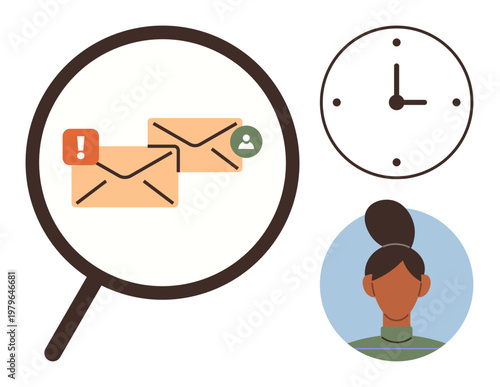 Communication, time management, online correspondence, productivity, message alert, user interaction. Envelope icons under a magnifying glass, a clock and a user profile. Communication and time