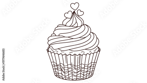 Delicious cupcake with a tall swirl of frosting and three small heart shaped toppers shown in a clean and simple black and white line art.