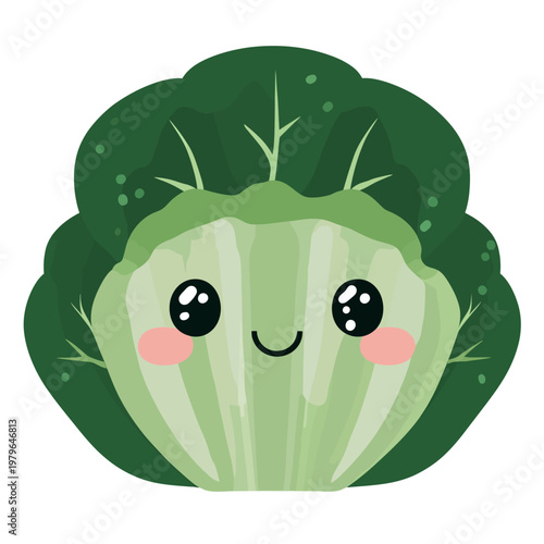 Cute cartoon illustration of a happy bok choy character. Smiling face, rosy cheeks, and big eyes