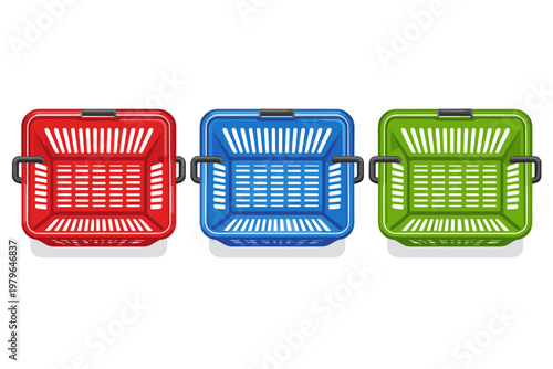 Top View Vector Illustration of Three Empty Plastic Shopping Baskets in Red, Blue, and Green Colors. Supermarket Retail Equipment for Grocery Shopping, Customer Service, and Commerce Concept.