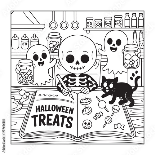 Halloween spooky coloring pages for teens and adults. line art illustration.
