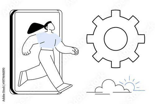 Technology, digital transformation, mobile innovation, problem-solving, customization, automation. A woman steps out of a smartphone near a gear and a sunrise. Technology and digital transformation