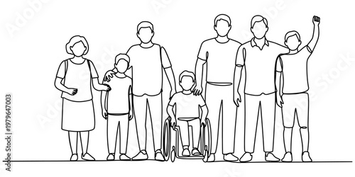 continuous line drawing depicting a diverse group of people, likely representing a family or a community. The single-line style emphasizes unity