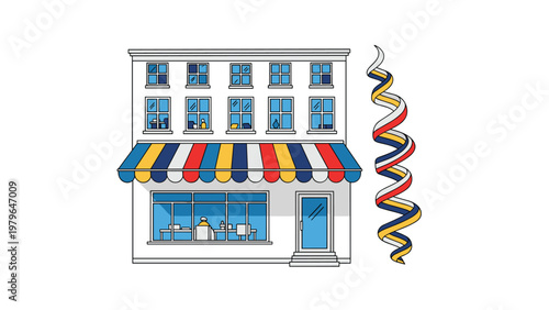 Modern three-story commercial building featuring colorful striped awning and spiral pole, perfect for urban store or shop concept.