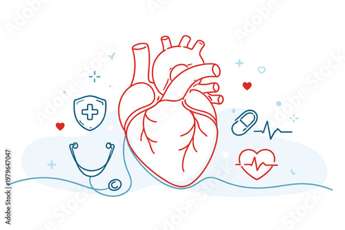 Human Heart One Line Drawing Representing Cardiology and Medicine with Medical Icons like Stethoscope, Pill, Heartbeat, and Shield for Healthcare Presentations and Cardiovascular Health Design