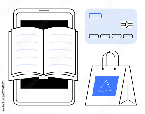 Online learning, e-commerce, digital payments, eco-friendly shopping, sustainability, education technology. An open book on a tablet, a credit card and a shopping bag with a recycle icon. Online
