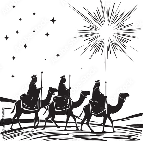 Three Wise Men vector illustration with camels, crowns, staffs, and radiant Bethlehem star