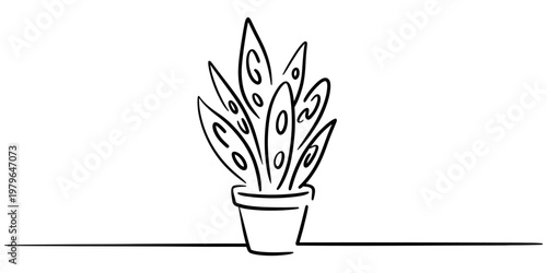 Simple hand drawn sketch of a potted houseplant with patterned leaves on a flat surface