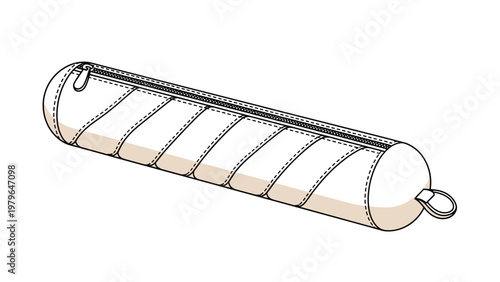 Lightweight beige cylindrical pencil case or makeup pouch with a long zipper and side loop, ideal for school supplies or travel storage.