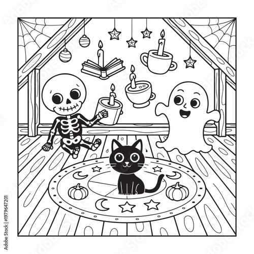 Halloween spooky coloring pages for teens and adults. line art illustration.