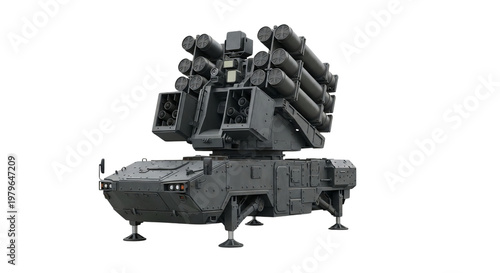 Modern military surface to air missile defense system vehicle featuring multiple heavy rocket launchers mounted on a tactical armored platform designed for national security defense operations in a co