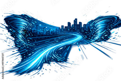 Futuristic Neon Blue Speed Lines Moving Across City Highway Road with Light Wave Motion and Dynamic Energy Trails, Abstract High Speed Technology Background with Skyscrapers and Urban Skyline