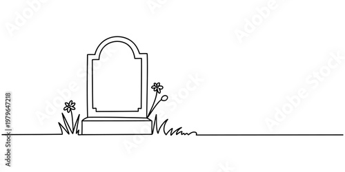 Continuous line drawing of a blank gravestone with flowers and grass on a white background