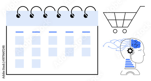 Productivity tools, AI integration, online shopping, technology, task management, scheduling. Calendar with spiral rings, shopping cart and brain gears. Productivity tools and AI integration concept