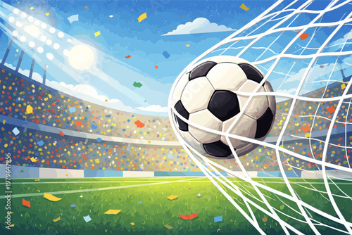 Soccer ball hitting the goal net in a packed stadium with confetti and bright lights, celebratory atmosphere for World Football Cup 2026 championship match, vibrant vector illustration banner.